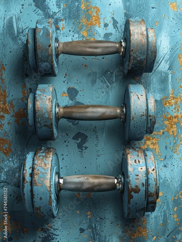 Fitness equipment on a dynamic turquoise symmetrical seamless paper backdrop  emphasizing energy with a bright  clear focus area.