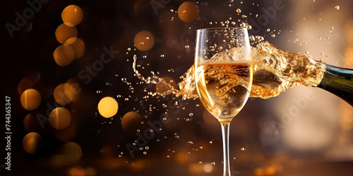 Two glasses of bubbly at night are blown in a toast  Champagne on golden bokeh for celebration drink