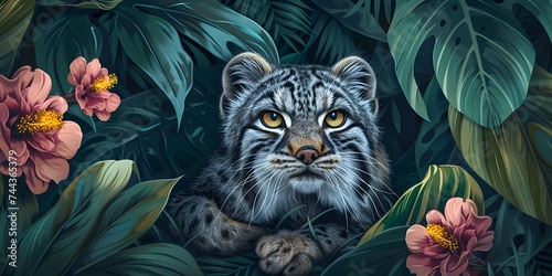 Portrait of of beautiful cat, Pallas's cat, in tropical flowers and leaves. Picturesque portrait Wildlife animal. Digital illustration