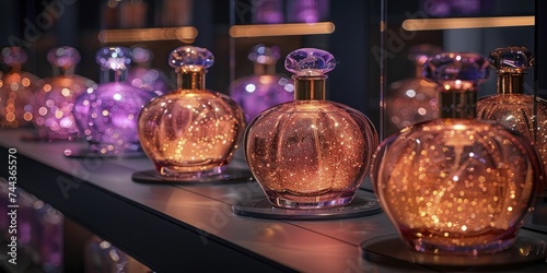 Luxury fragrance bottles against a deep purple LED light panel cast an alluring, luxurious glow. © Kanisorn