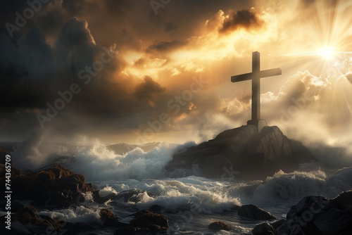 Serene Cross Amidst Stormy Seas at Sunrise