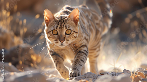 A sleek Egyptian Mau cat captured in mid-prowl, showcasing the elegance and grace of a natural-born hunter. © memoona