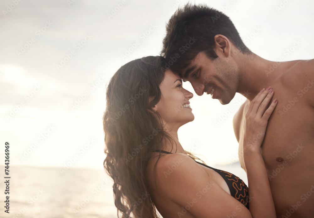 Love, happy couple and sunset at sea for vacation, holiday or travel together in summer on mockup. Man, woman and romance at ocean for connection, care and touch face on adventure by water outdoor Love, happy couple and sunset at sea for vacation, holiday or travel together in summer on mockup. Man, woman and romance at ocean for connection, care and touch face on adventure by water outdoor
