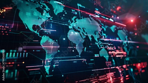 futuristic technology digital world map and stock market trading forex data on large screen display Generative AI photo