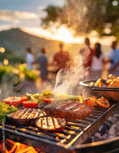 Close up of BBQ food in a barbeque grill cooking with smoke, fire, meat, vegetables  and people in the background party
