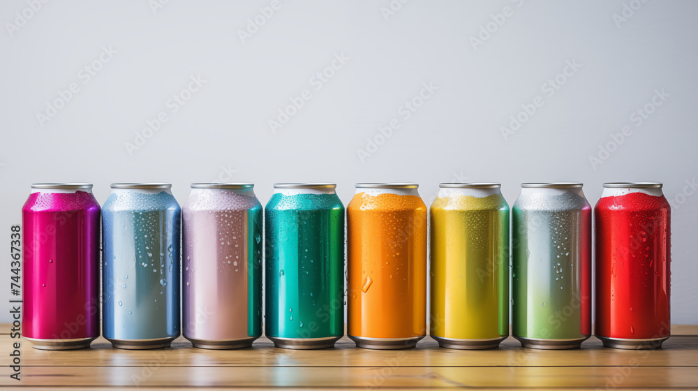 Arrangement of Colorful Carbonated Water Cans Resembling a Rainbow. Generative AI.	
