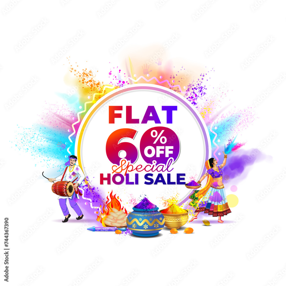 Fototapeta premium Flat 60% off Special Holi sale text with Holi festival background.