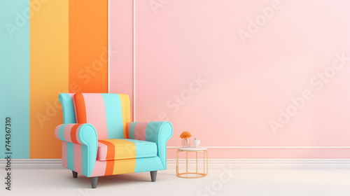 Fresh and Vibrant Sofa Photography in a Brightly Lit Room with Colorful Background and Flooring. Generative AI.