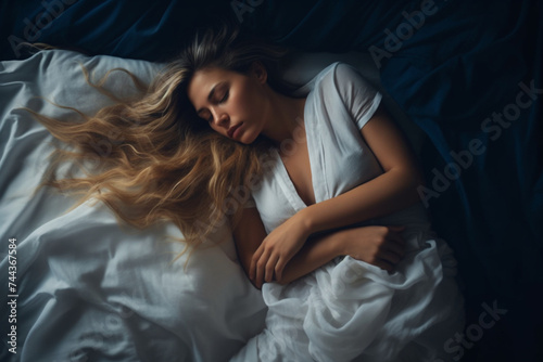 Above view of relaxed woman sleeping in bed at night
