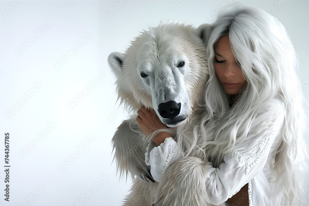 Fashion Surreal Concept. White tousled hair pretty woman in fur coat hugging a giant polar bear . illuminated dynamic composition and dramatic lighting. copy text space