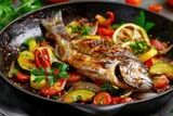 Fried fish on plate with vegetables