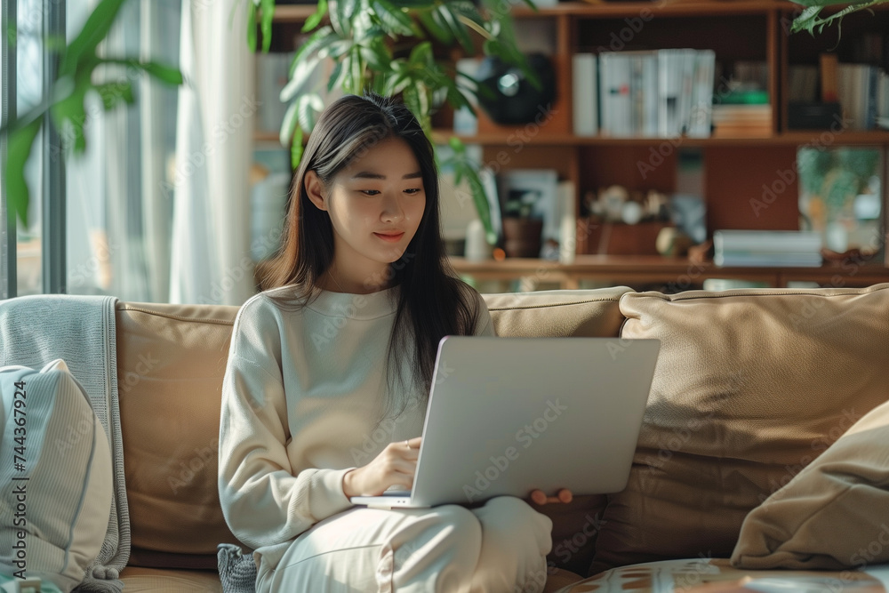 Focused female freelancer using computer on cozy sofa indoors Focused female freelancer using computer on cozy sofa indoors