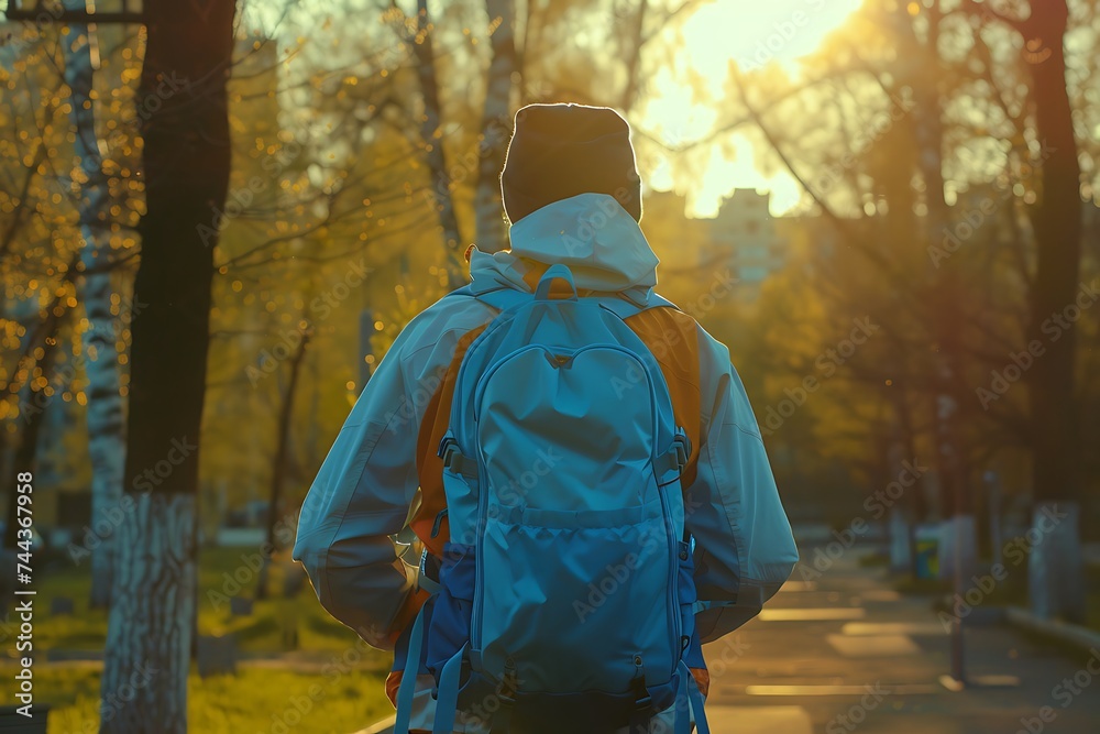 A man in a sports uniform with a blue backpack does sports outdoors, fitness on the street, evening, park, sun, spring. A man in a sports uniform with a blue backpack does sports outdoors, fitness on the street, evening, park, sun, spring.