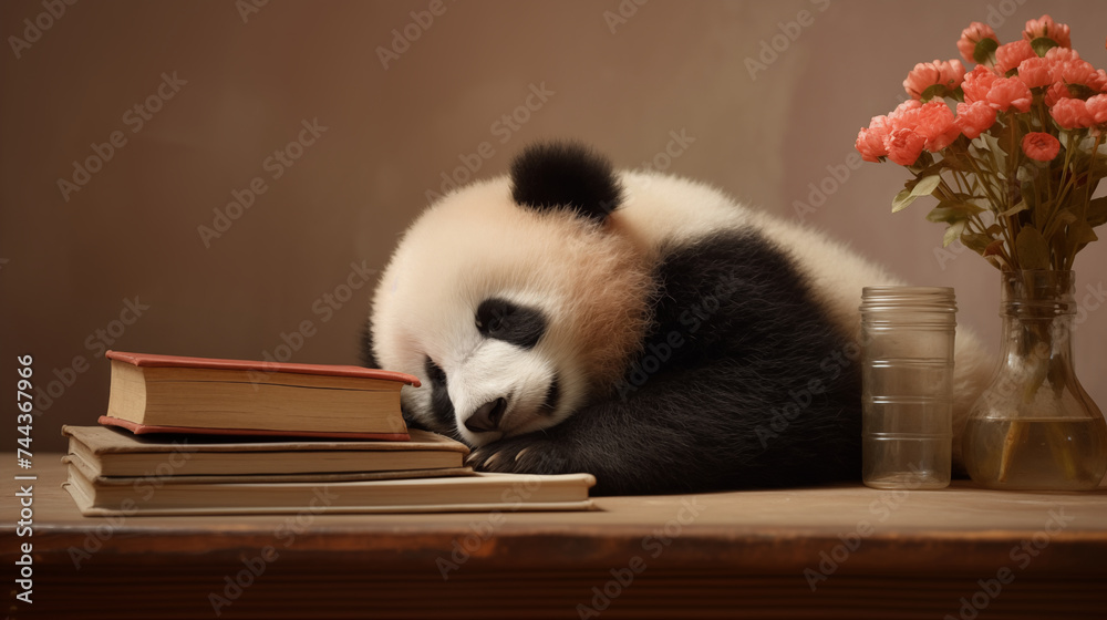 Fototapeta premium Sleeping Panda with Books. Generative AI.