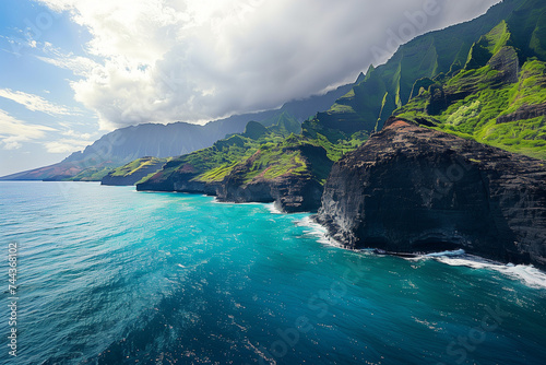 Picturesque seascape with lush cliffs under a blue sky