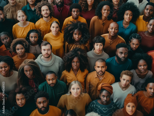 An overhead view of a diverse crowd of people looking directly at the camera