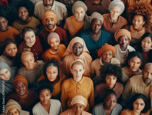 An overhead view of a diverse crowd of people looking directly at the camera