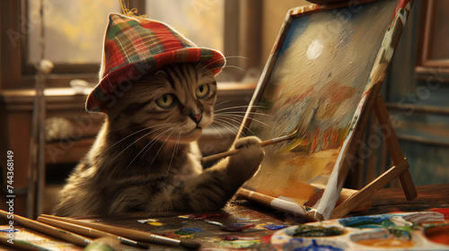 Cat in Hat with Paintbrush: Adorable Portrait. Generative AI.
