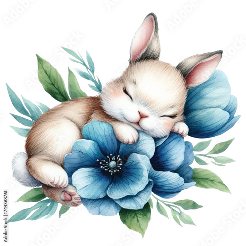 Cute rabbit sleeping on a flower Clipart Watercolor	