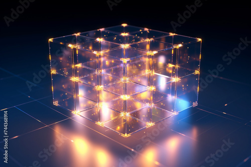 abstract cube made of many glass cubes with glow inside. 3d render illustration