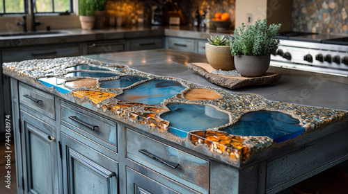 A mix of light and dark recycled glass pieces create a unique and eyecatching design on a kitchen island countertop adding a touch of ecochic to the space. © Justlight