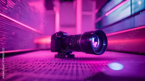 A Professional DSLR Camera Poised on a Neon-Lit Urban Background, Embodying the Fusion of Modern Photography and Vibrant City Vibes.