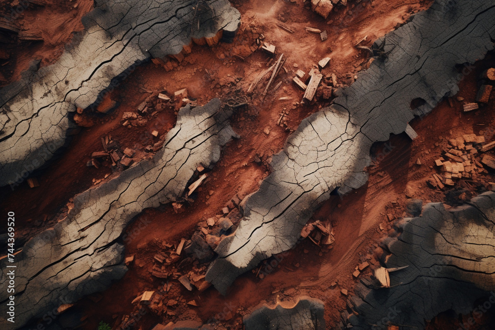 abstract drone view of a 'bite size' chunk of deforestation - obrazy, fototapety, plakaty 