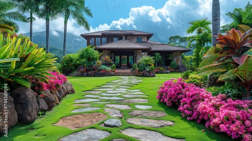 Tropical lush landscapes in Maui Hawaii homes Bald Mountain Volcano, Martinique, Caribbean. photo
