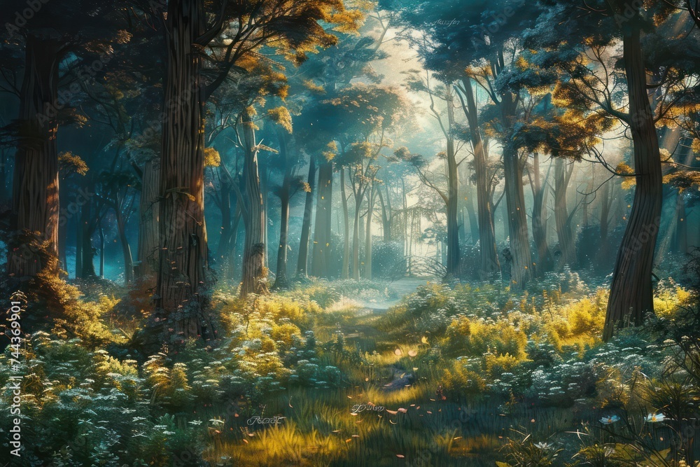 Digital painting of a misty forest with flowers in the foreground.