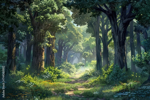 Beautiful fantasy landscape with a path in the forest. illustration