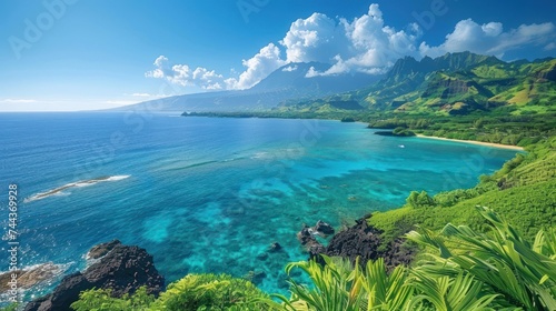 Tropical lush landscapes in Maui Hawaii, Waianapanapa state park, black sand beach. © haizah