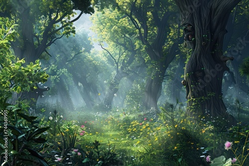 Fantasy landscape with foggy forest  illustration.