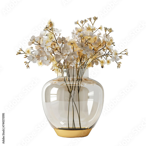 Round shape vase with flowers Gold and white, realistic photo, pure white background, solid color fill, simple color scheme, clean and atmospheric isolated PNG photo