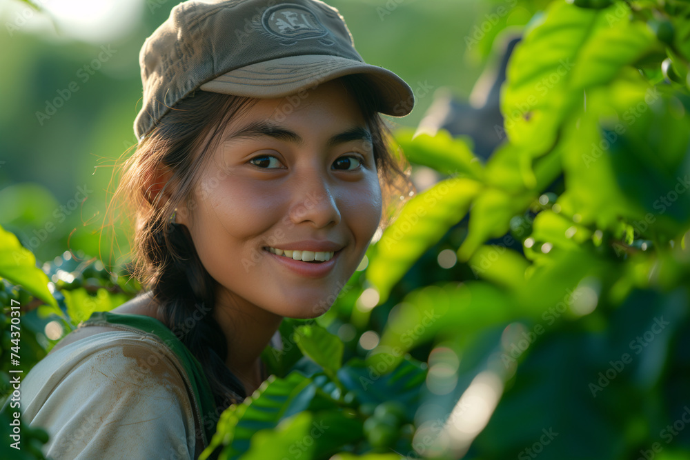Joyful young woman wearing a cap smiles brightly amidst lush green coffee plants in the golden hour light. Joyful young woman wearing a cap smiles brightly amidst lush green coffee plants in the golden hour light.