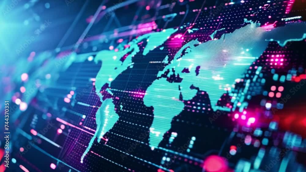 digital world map and stock market forex data on large screen display Generative AI
