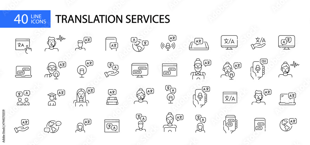 Foreign languages learning, dictionaries, translation and interpreting apps and services. Pixel perfect vector icons