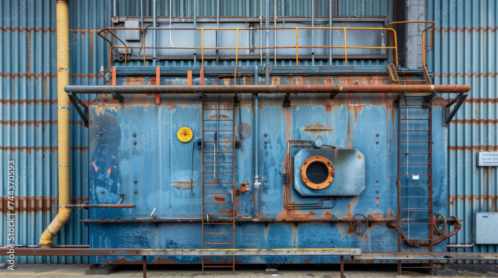 The metal exterior of the boiler is painted a deep blue adding a splash of color to the industrial space it is located in.