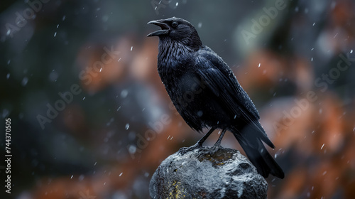 Raven perched on a rock in rain.