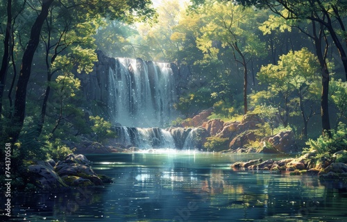 A tranquil forest with shimmering waterfalls