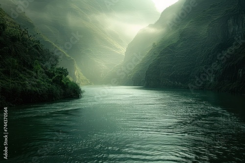 River in the mountains with fog and sunbeams in the background