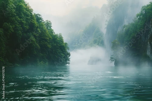 Beautiful landscape of the lake in the morning mist.