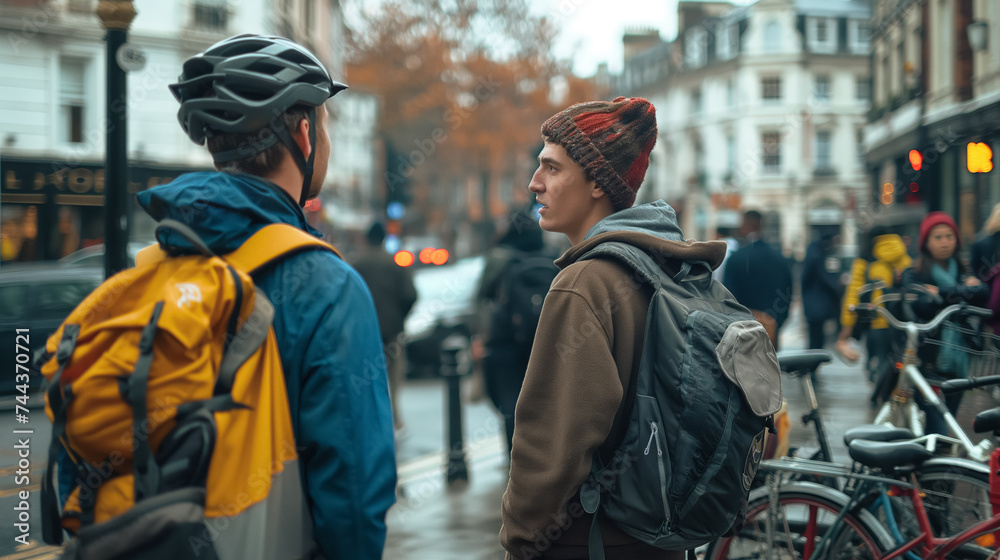 Two cyclists in conversation on a city street.