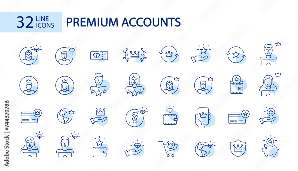 Premium user accounts. Diamond and crown levels. Pixel perfect, editable stroke vector icons