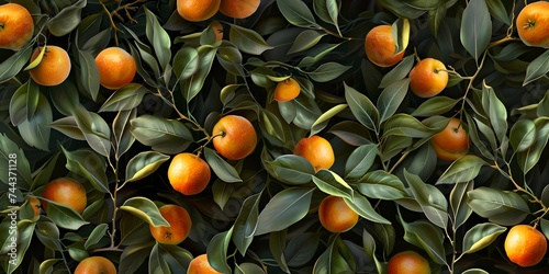 Seamless pattern with a sprig of tangerines and leaves. Vintage botanical 3d illustration for printing fabric, wrapping paper, packaging