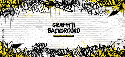 Graffiti background with throw-up and tagging hand-drawn style. Street art graffiti urban theme for prints, banners, and textiles in vector format.

