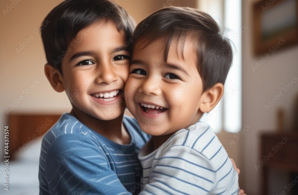 Two brothers hugging and laughing, cuddle day, close friends Two brothers hugging and laughing, cuddle day, close friends