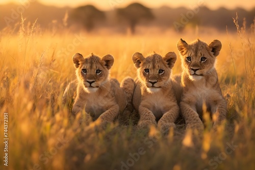 Groups of lion cubs playfully interact in the golden glow of the setting sun © Prabodha