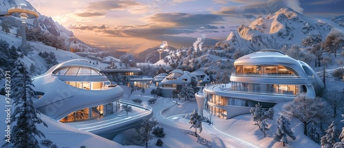 Smart homes integrated into alpine skiing resorts featuring futuristic city designs and space tourism adverts