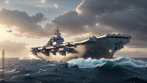 a painting of a battleship in the middle of the ocean