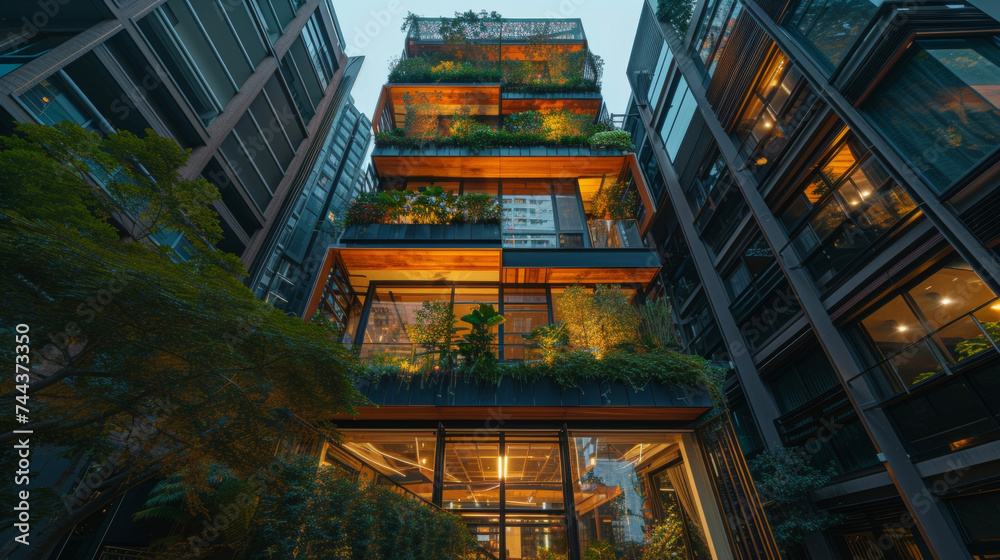 Nestled a skysers this private house stands out with its unique vertical design maximizing every inch of the limited space.